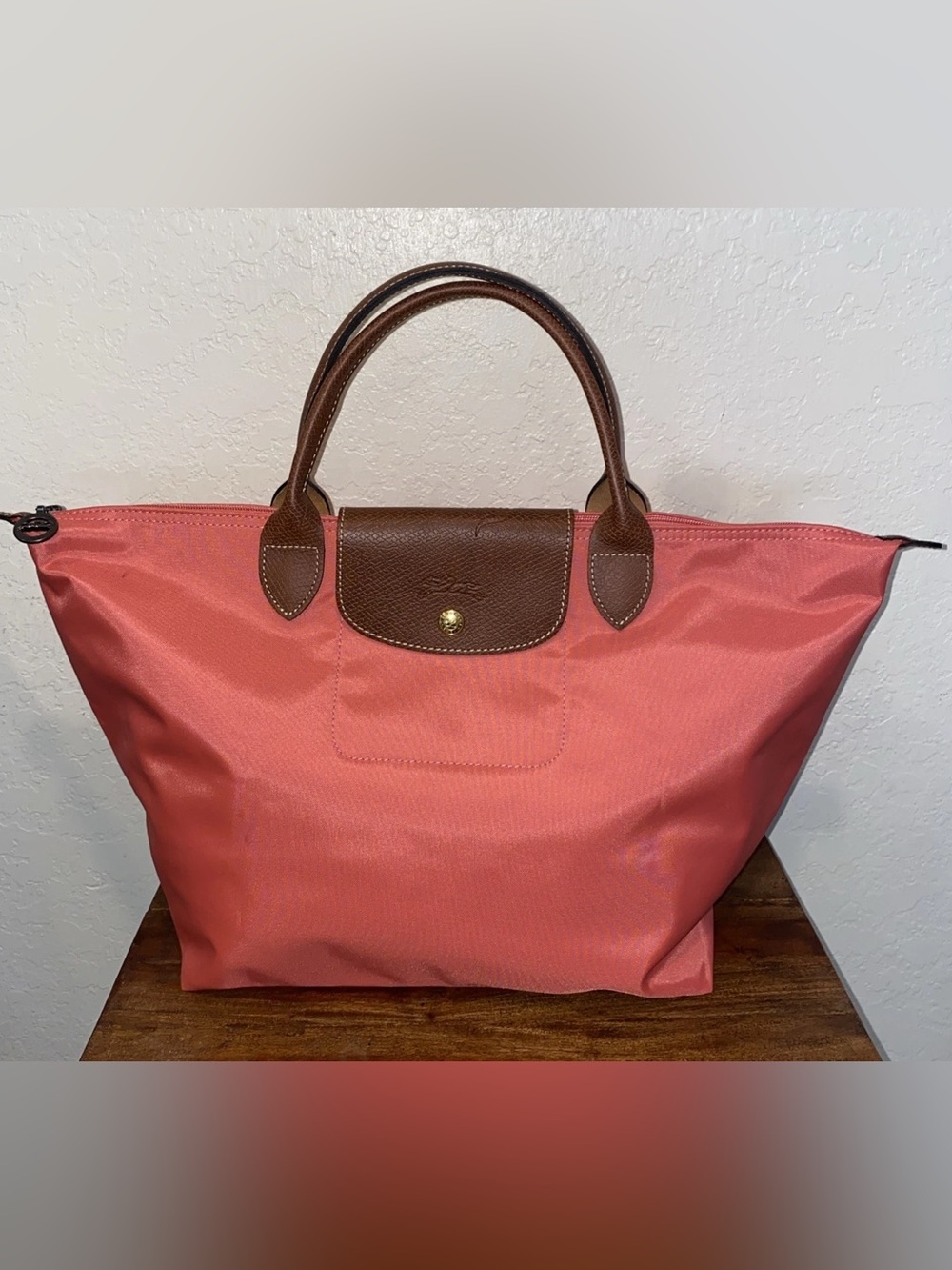 Longchamp Coral Nylon Tote Bag with Brown Leather Trim